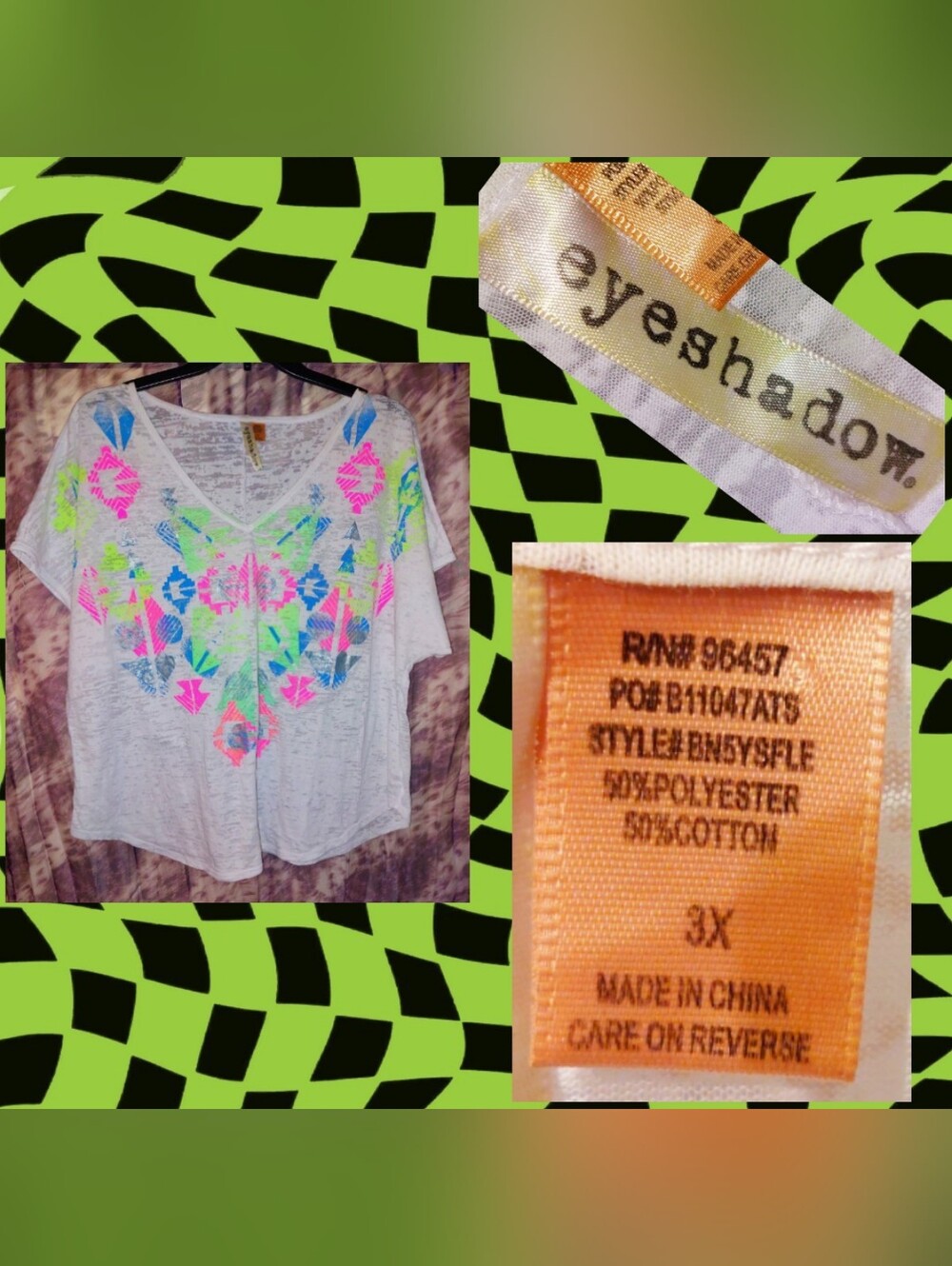 Eyeshadow White/Neon Multicolors Aztec Print Burnout Soft Knit Tee 3X(20/22/24)